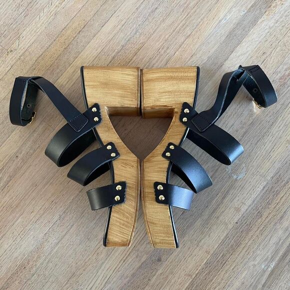 Steve Madden Black Leather Wood Block Heel Strappy Platform Heels Sandals Size 8 - Picture 3 of 8